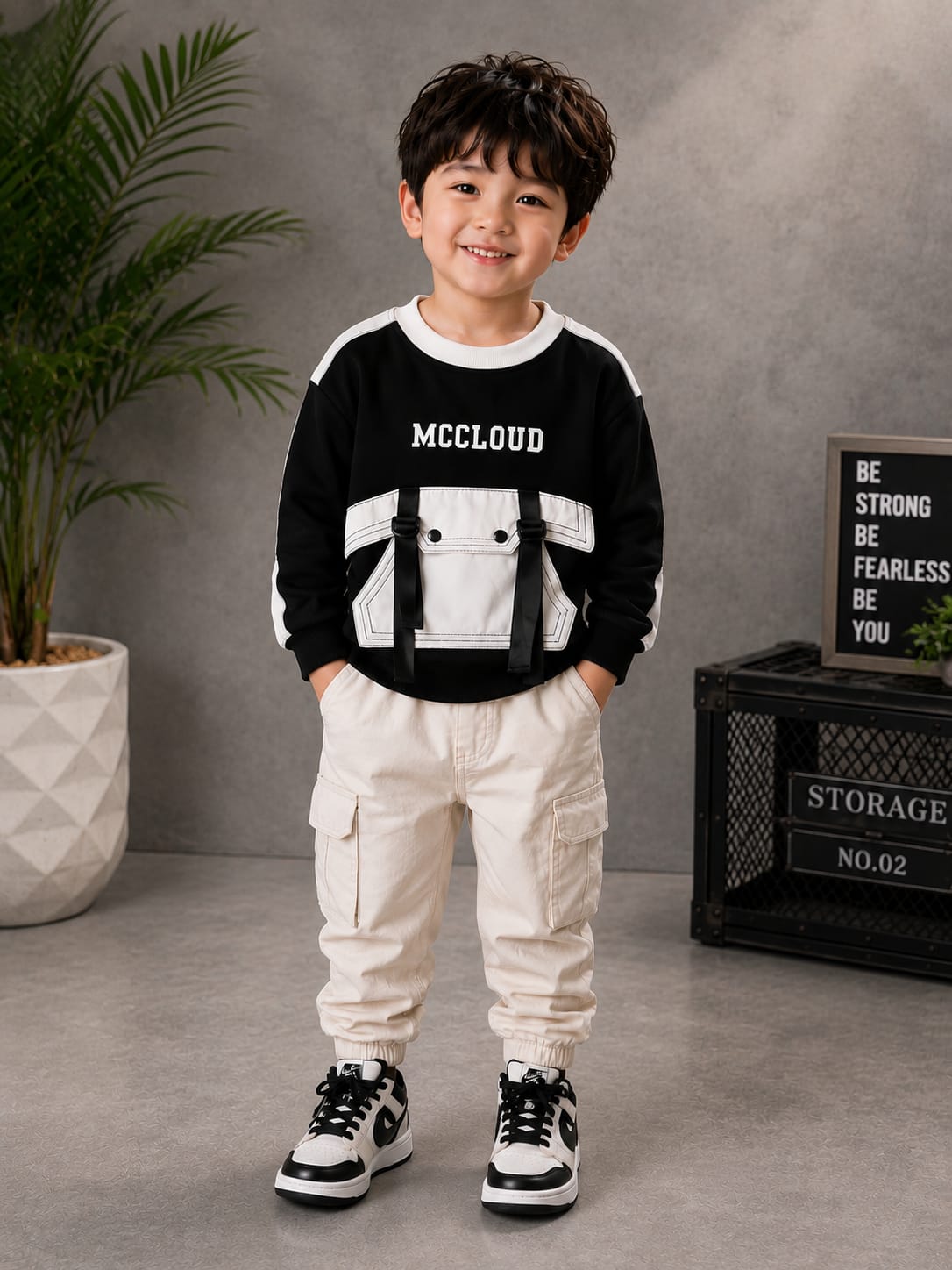 Kids McCloud Utility Pocket Fleece Sweatshirt | Black & White | Winter Wear | 1–5 Years