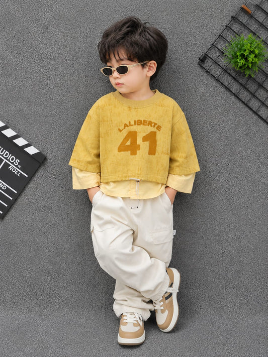 Kids Liberty 41 Printed Layered Full Sleeve T-Shirt | Mustard Yellow | 1–5 Years