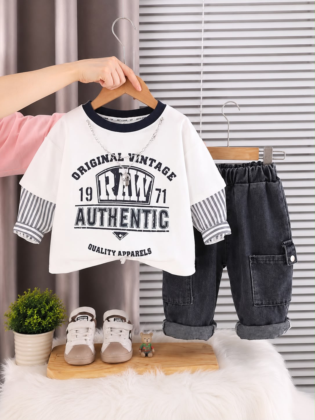 Kids Raw Authentic 2-Piece T-Shirt & Cargo Denim Pant Set | White & Black | Size 18–26