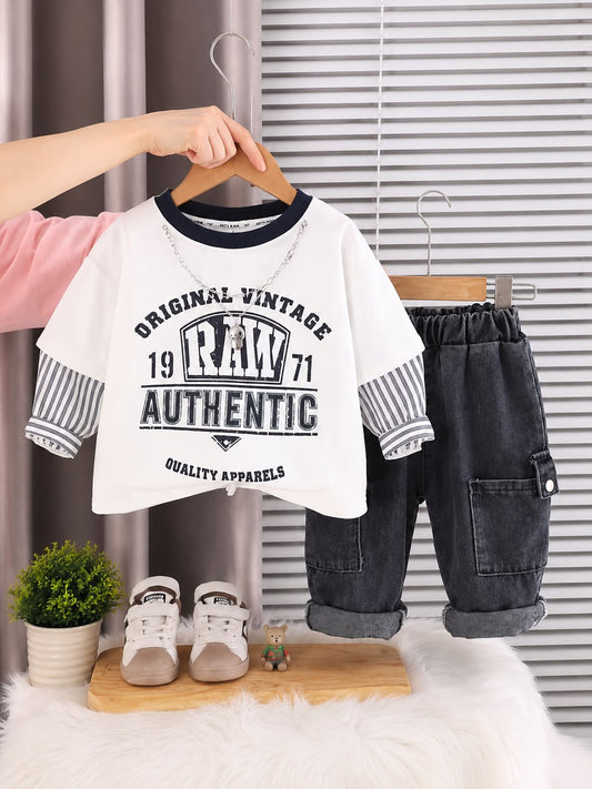 Kids Raw Authentic 2-Piece T-Shirt & Cargo Denim Pant Set | White & Black | Size 18–26