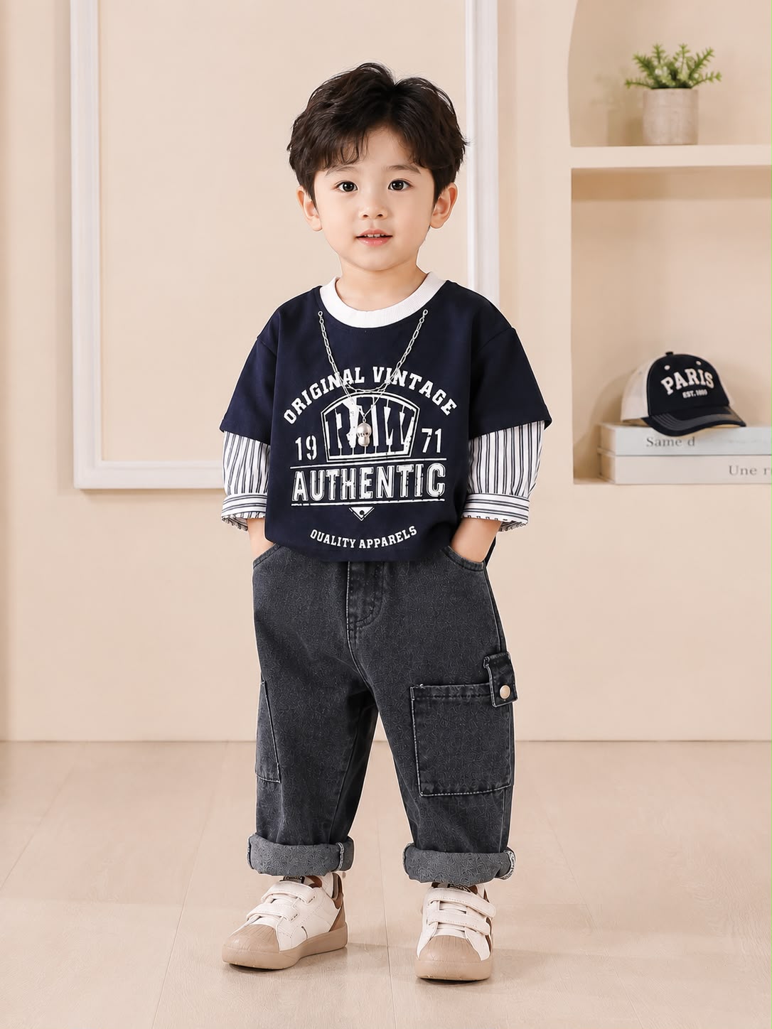 Kids Raw Authentic 2-Piece T-Shirt & Cargo Denim Pant Set | Navy Blue & Black | Size 18–26
