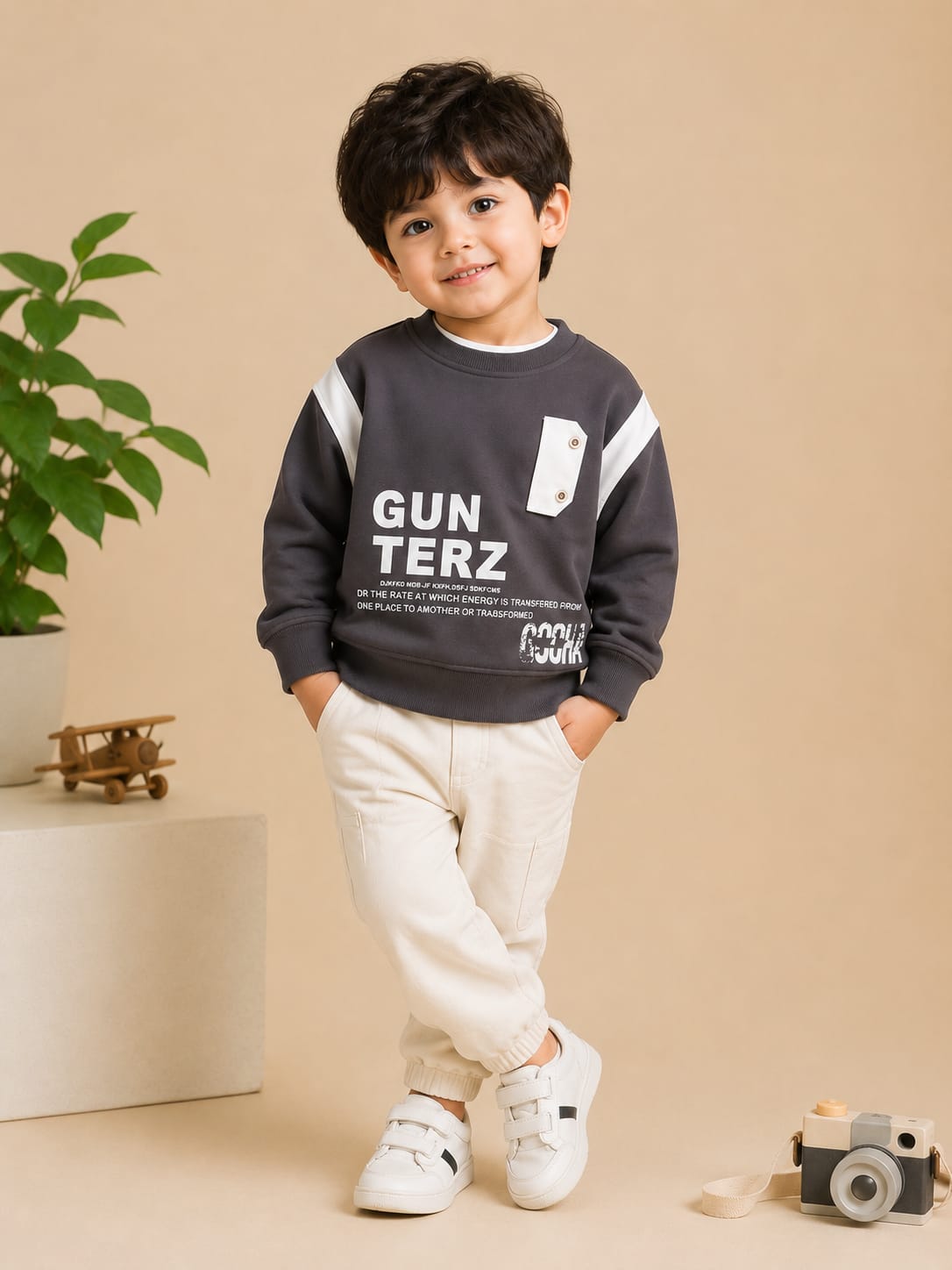 Kids Gun Terz Printed Winter Sweatshirt | Dark Grey Cotton Fleece Sweatshirt | Boys Casual Sweatshirt | Size 18–26