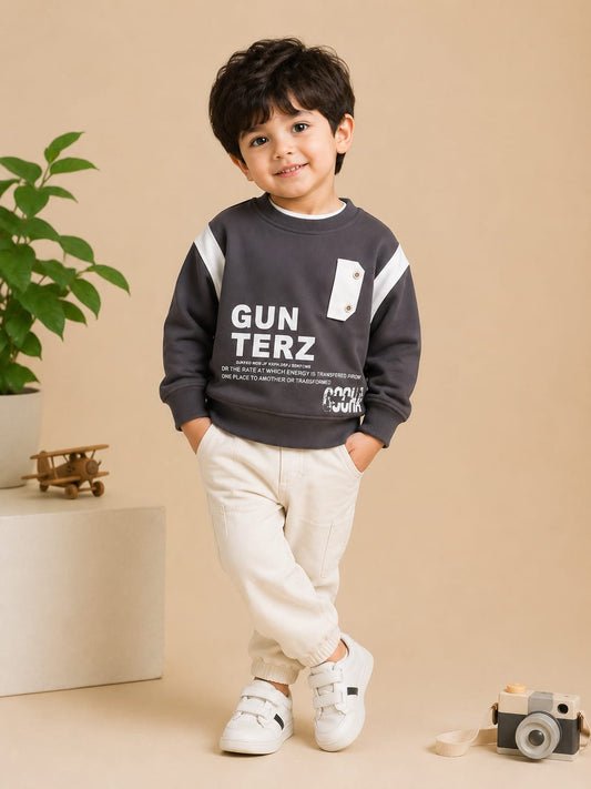Kids Gun Terz Printed Winter Sweatshirt | Dark Grey Cotton Fleece Sweatshirt | Boys Casual Sweatshirt | Size 18–26