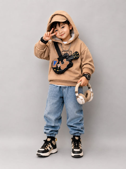Boys Premium Hoodie & Denim Set with Guitar Sling Bag | Beige | 18–26
