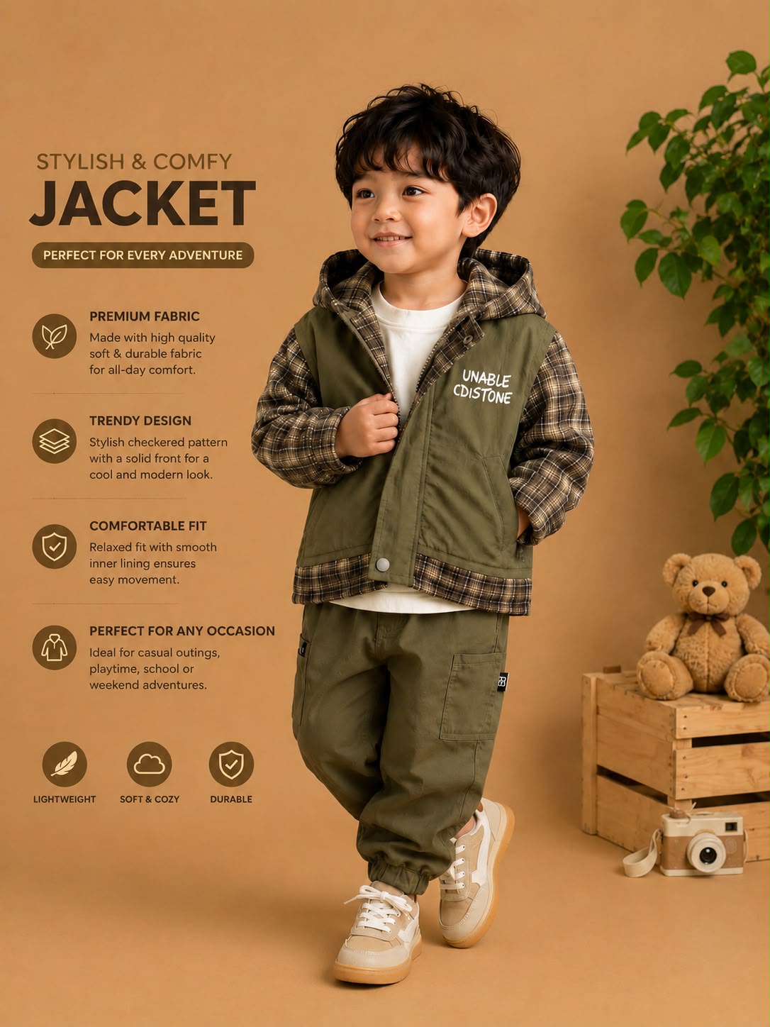 Kids Hooded Checkered Utility Jacket | Olive Green | All Weather Casual Jacket | Size 18–26