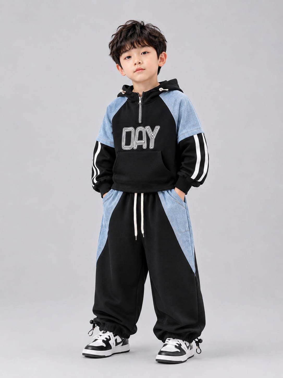 Kids Premium Hoodie Cargo Tracksuit Set | Black & Sky Blue | 6–9 Years