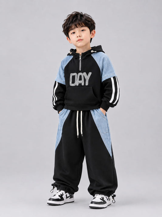 Kids Premium Hoodie Cargo Tracksuit Set | Black & Sky Blue | 6–9 Years
