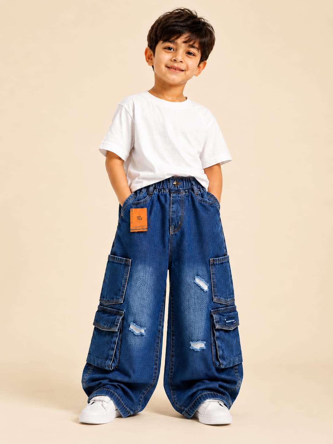 Kids Distressed Cargo Baggy Jeans | Wanster Premium Blue Denim Wide Leg Pants | 6–8 Years