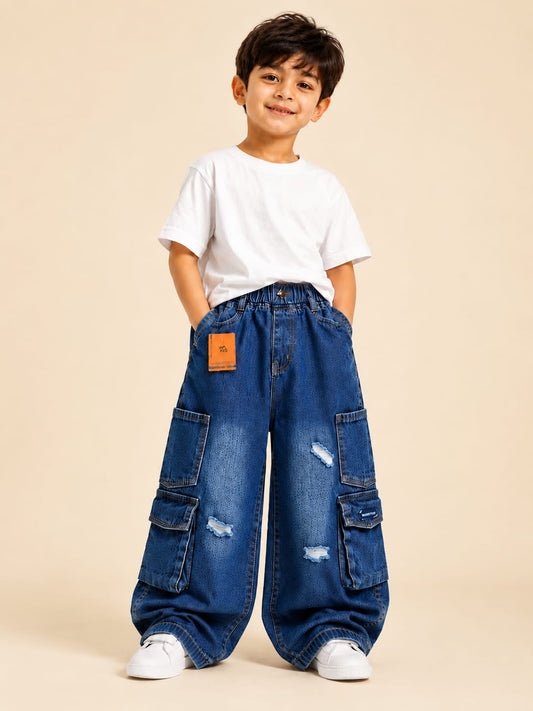 Kids Distressed Cargo Baggy Jeans | Wanster Premium Blue Denim Wide Leg Pants | 6–8 Years