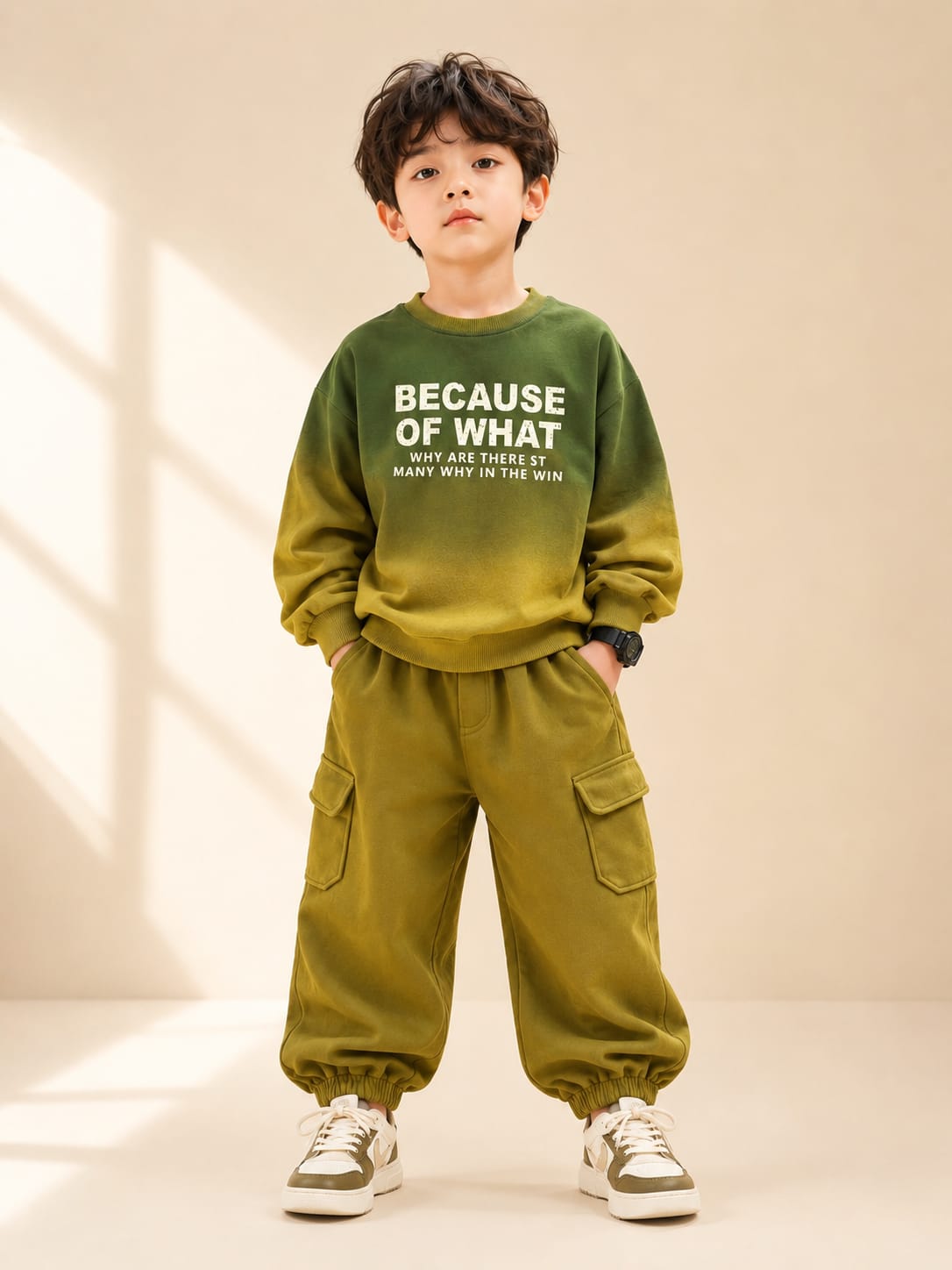 Kids Ombre Cargo Tracksuit Set | Green Co-Ord Sweatshirt & Jogger | 7–9 Years