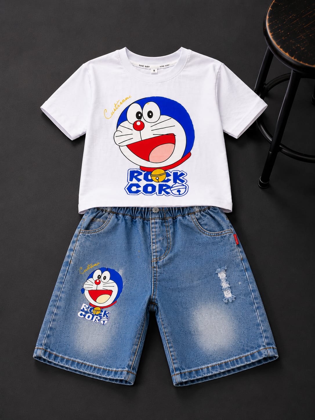 Boys Doraemon Printed T-Shirt & Denim Shorts Co-Ord Set | White & Blue | 4–8 Years