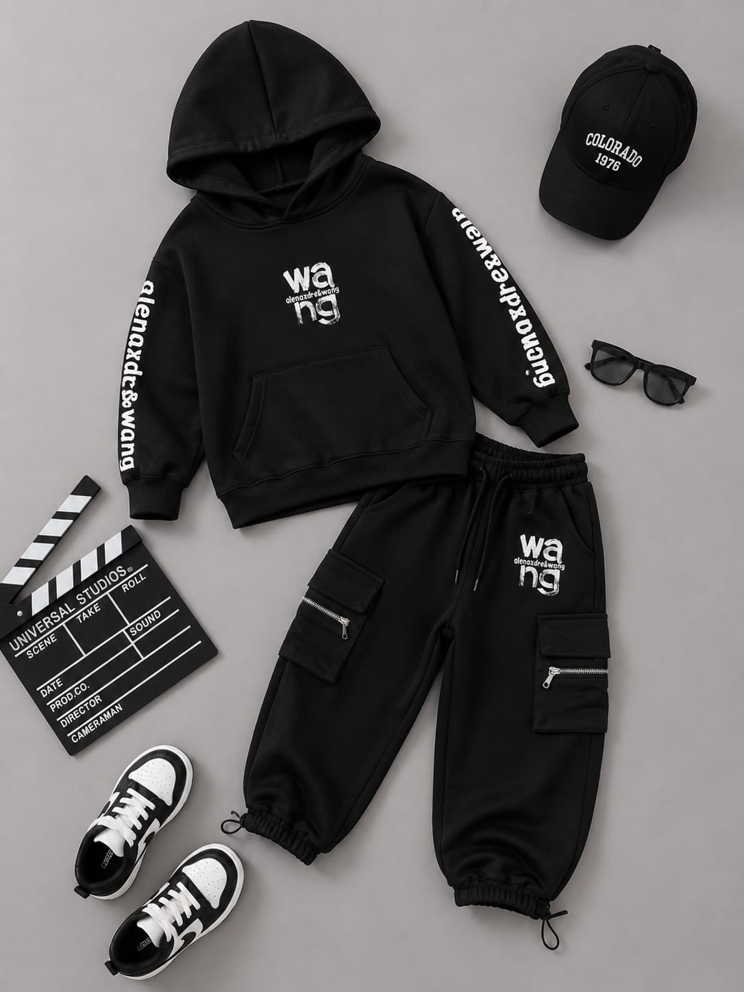 Kids Premium Black Hoodie Cargo Tracksuit Set | Streetwear Co-Ord | 6–9 Years