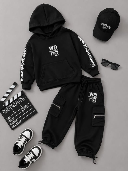 Kids Premium Black Hoodie Cargo Tracksuit Set | Streetwear Co-Ord | 6–9 Years