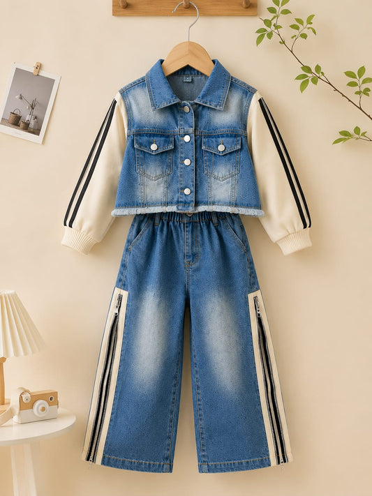 Girls Premium Denim Jacket & Wide Leg Jeans Co-Ord Set | Blue | 5–9 Years