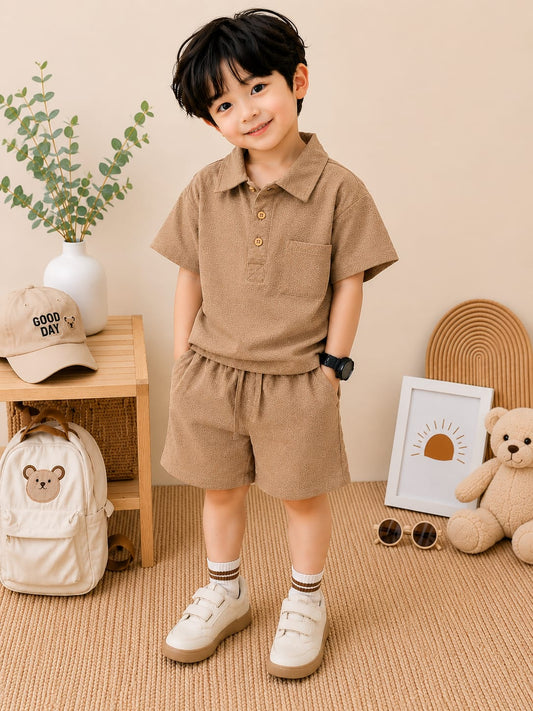 Boys Premium Linen Cord Set | Half Sleeve Shirt & Shorts | Beige | 2–5 Years