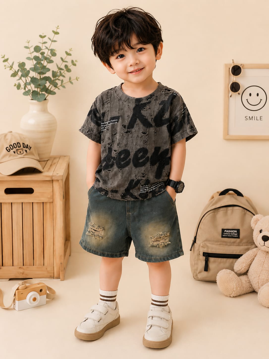 Boys Premium Graphic T-Shirt & Denim Shorts Co-Ord Set | Charcoal Grey | 2–5 Years