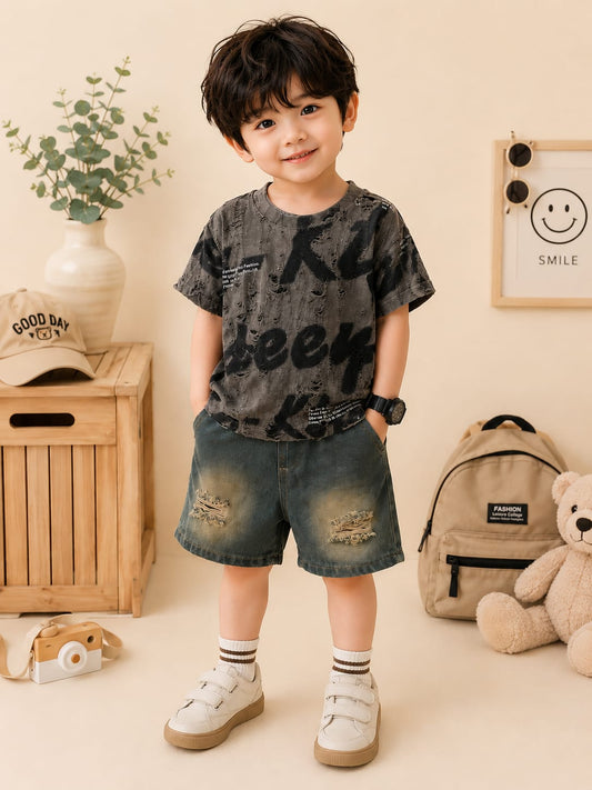 Boys Premium Graphic T-Shirt & Denim Shorts Co-Ord Set | Charcoal Grey | 2–5 Years