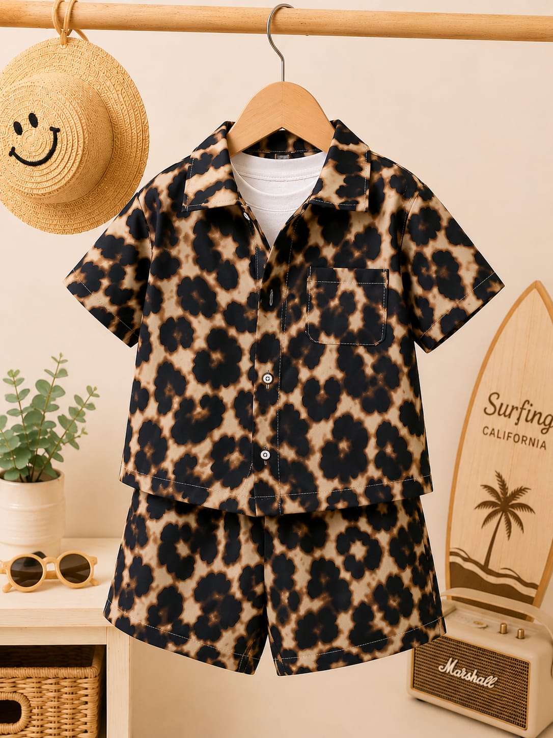 Boys Premium 3-Piece Rayon Printed Cord Set | Shirt, T-Shirt & Shorts | Brown | 3–6 Years