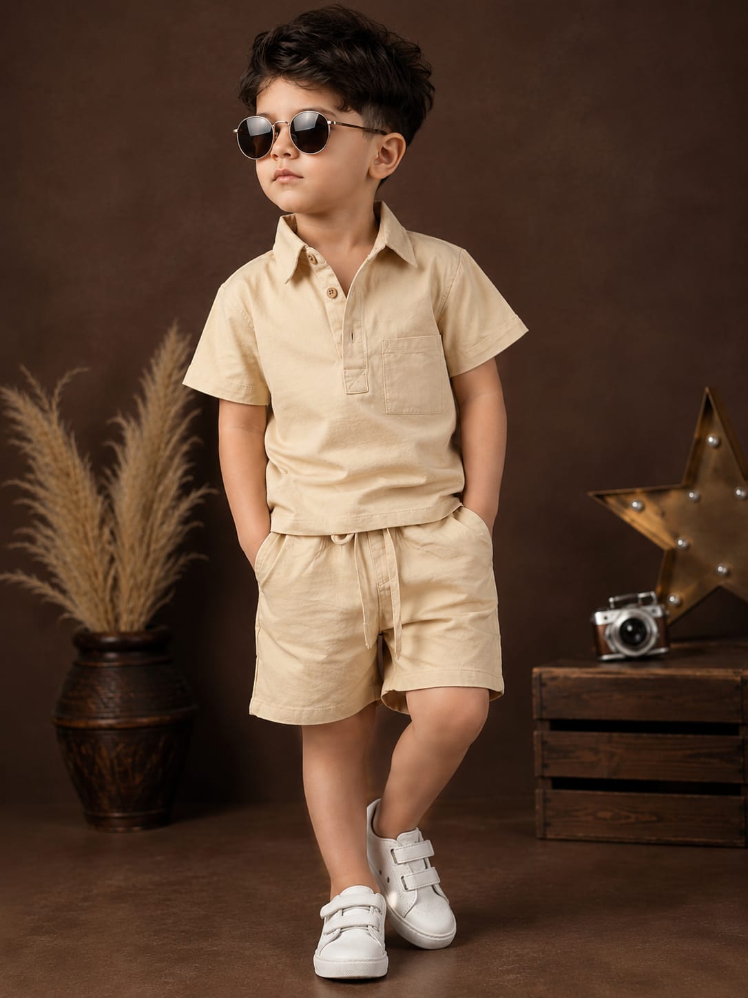 Boys Premium Linen Half Sleeve Cord Set | Beige | 2-Piece | 2–4 Years