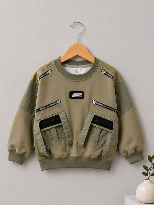 KIDS PREMIUM OLIVE GREEN UTILITY POCKET SWEATSHIRT | SIZES 18–26