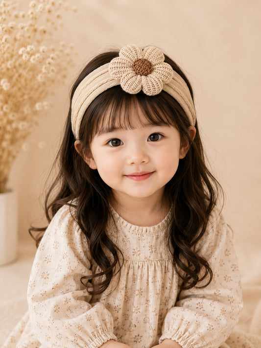 Baby Girls Beige Flower Nylon Headband | Soft Stretch Floral Hair Band | Newborn to Kids