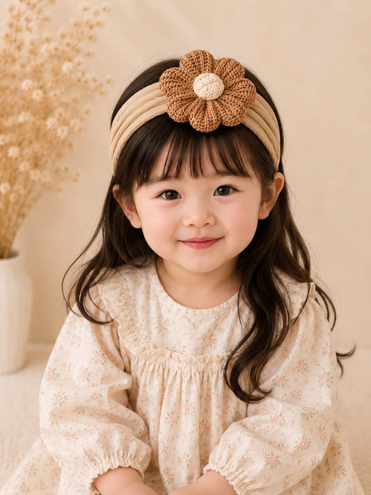 Baby Girls Brown Daisy Flower Nylon Headband | Soft Stretch Floral Hair Band | Cute Baby Hair Accessory