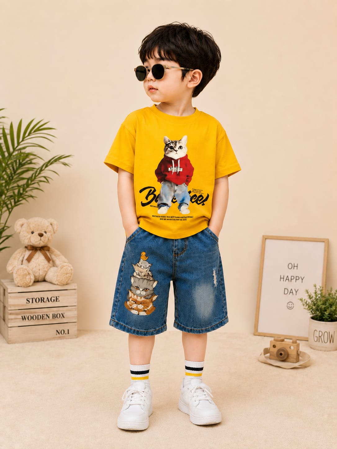 Boys Cartoon Printed T-Shirt & Denim Shorts Co-Ord Set | Yellow | 3–8 Years