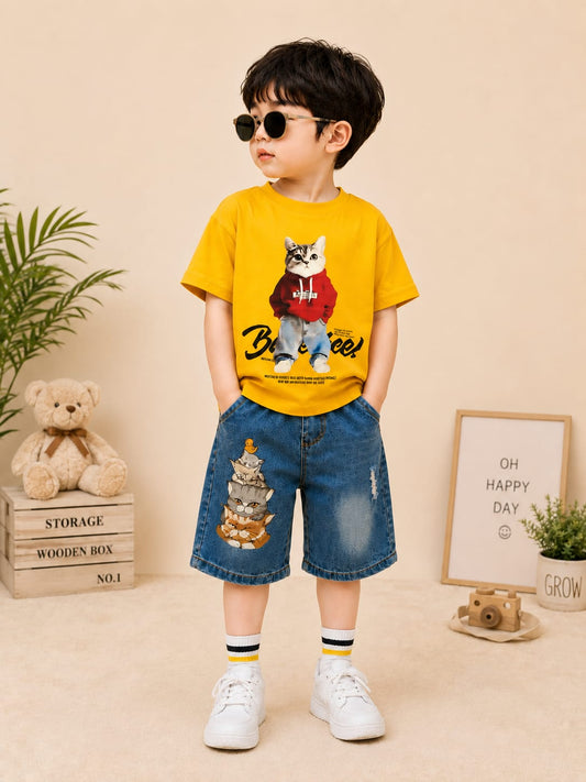 Boys Cartoon Printed T-Shirt & Denim Shorts Co-Ord Set | Yellow | 3–8 Years