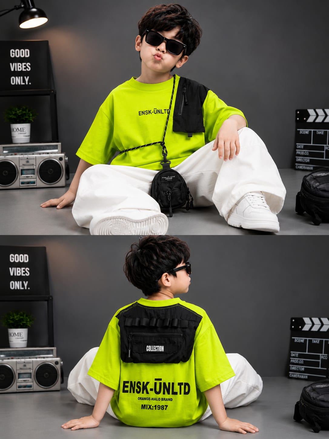 Boys Neon Green Utility Pocket T-Shirt with Mini Sling Bag | Premium Cotton Streetwear Tee | Age 10–12 Years