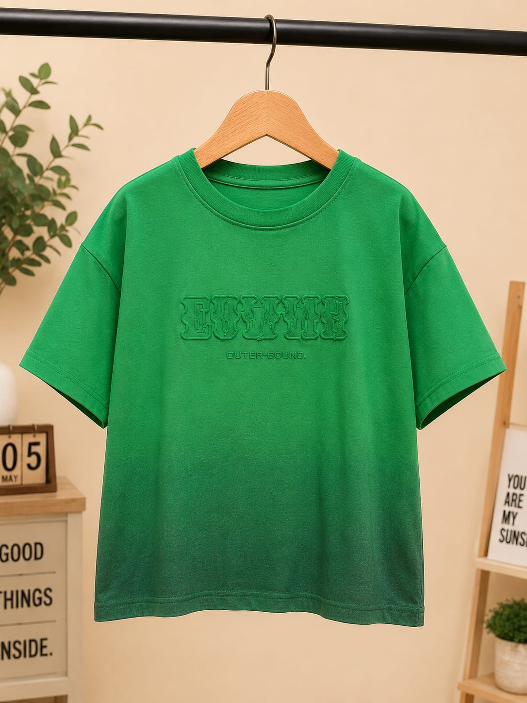 Boys Green Embossed Oversized T-Shirt | Premium Casual Cotton Tee | 7-9 Years