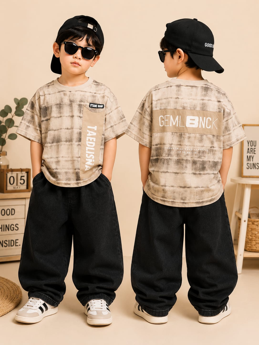 Boys Beige Oversized T-Shirt | Korean Streetwear | 5-9 Years