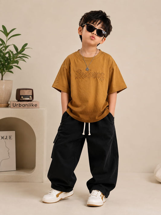 Boys Brown Embossed Oversized T-Shirt | Premium Korean Streetwear | 6-9 Years