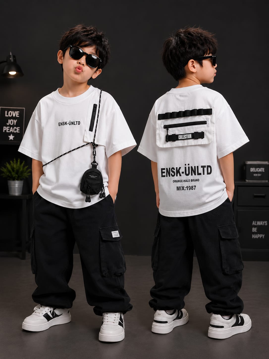 Boys White Utility Pocket T-Shirt with Mini Sling Bag | Premium Cotton Casual Tee | Age 9–11 Years