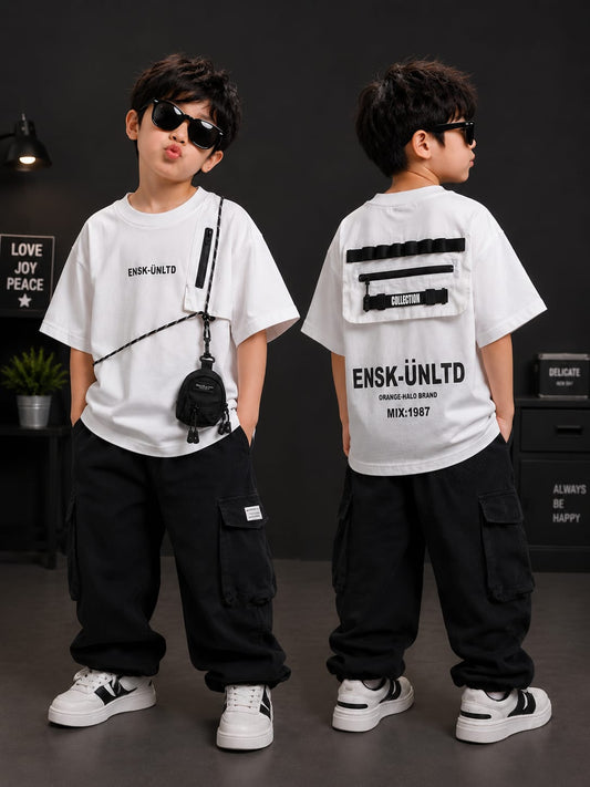 Boys White Utility Pocket T-Shirt with Mini Sling Bag | Premium Cotton Casual Tee | Age 9–11 Years