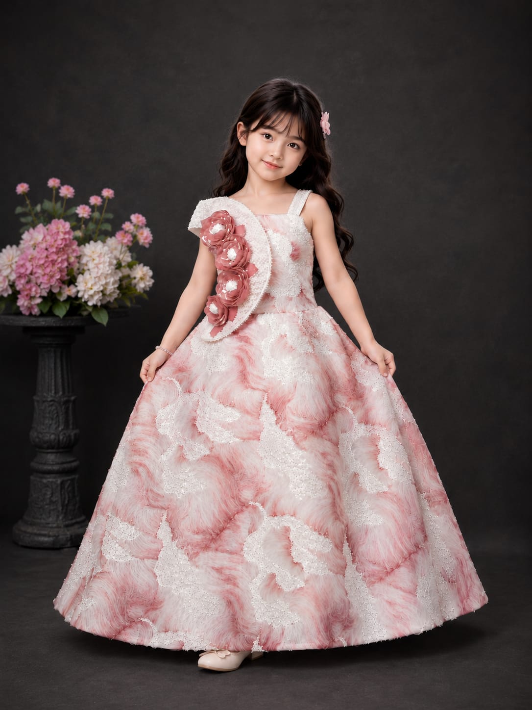 Girls Premium Party Wear Floral Ball Gown Dress – Pink & White | 3–8 Years
