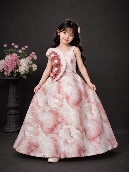 Girls Premium Party Wear Floral Ball Gown Dress – Pink & White | 3–8 Years