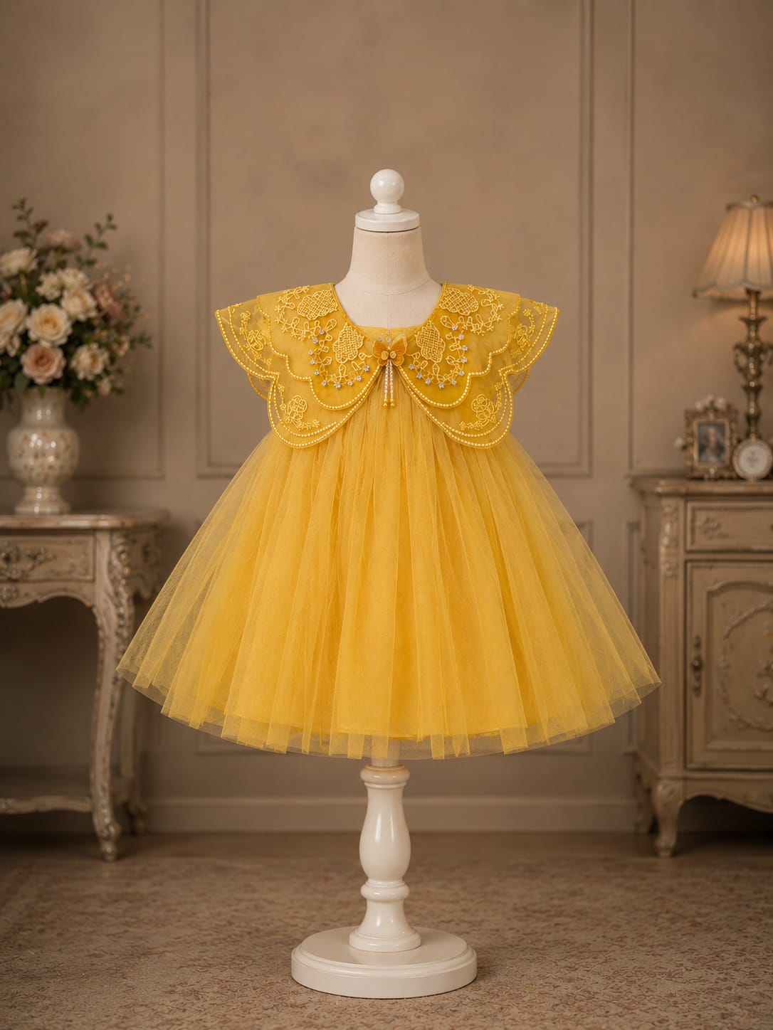 Girls Premium Mustard Yellow Princess Party Wear Frock with Embroidered Cape Collar | Birthday & Wedding Dress | Size 18–22