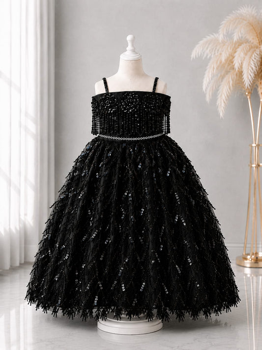 Girls Premium Black Sequin Party Wear Ball Gown Dress | Princess Birthday & Wedding Dress | 3–8 Years