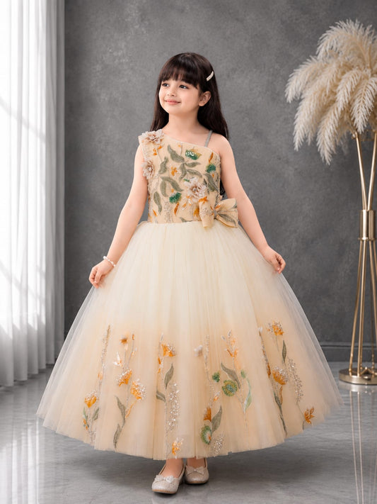 Girls Premium Floral Embroidered Princess Party Wear Gown – Champagne Beige | Birthday & Wedding Dress | 3–8 Years
