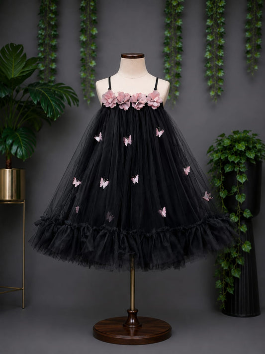 Girls Premium Black Butterfly Party Wear Frock – Designer Net Dress | Size 16–20