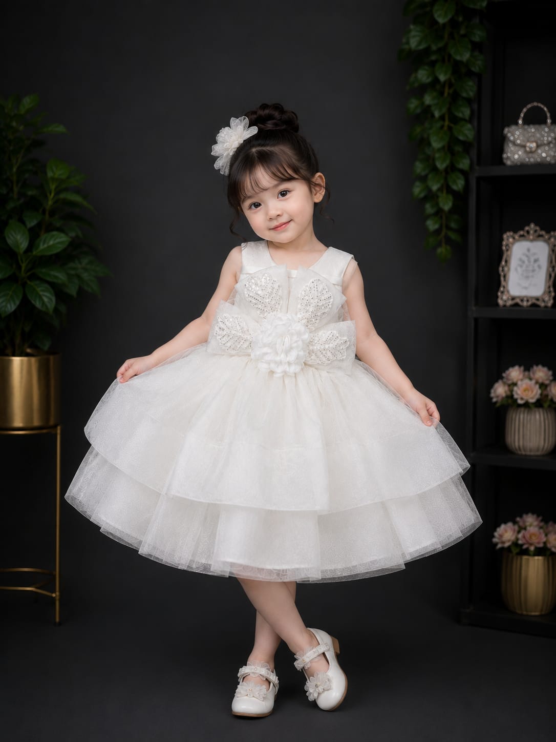 Product Title  Girls Premium White Party Wear Frock – Designer Layered Net Princess Dress | Size 16–22