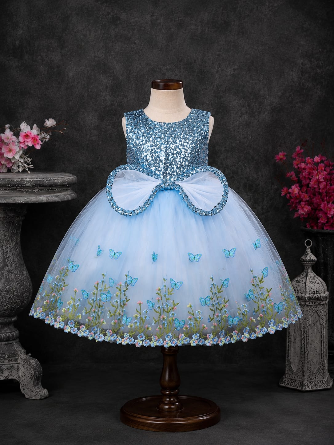 Product Title  Girls Premium Sky Blue Butterfly Party Wear Frock – Designer Net Princess Dress | Size 16–18