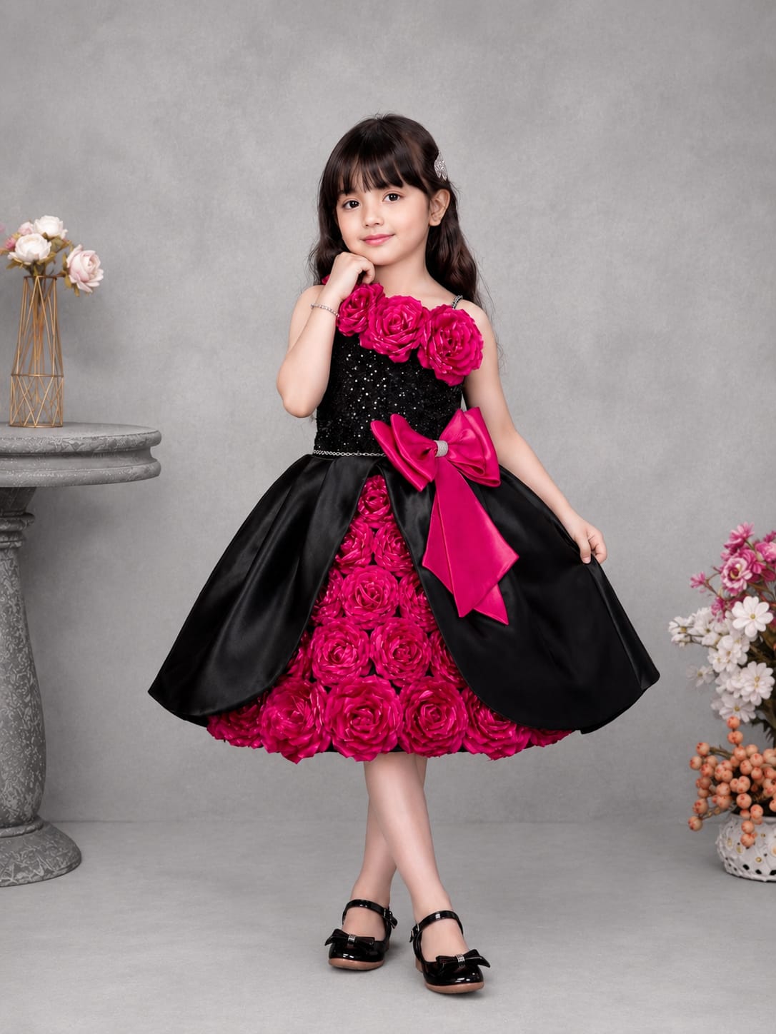 Product Title  Girls Premium Black & Fuchsia Floral Party Wear Frock – Designer Princess Dress | Size 16–20
