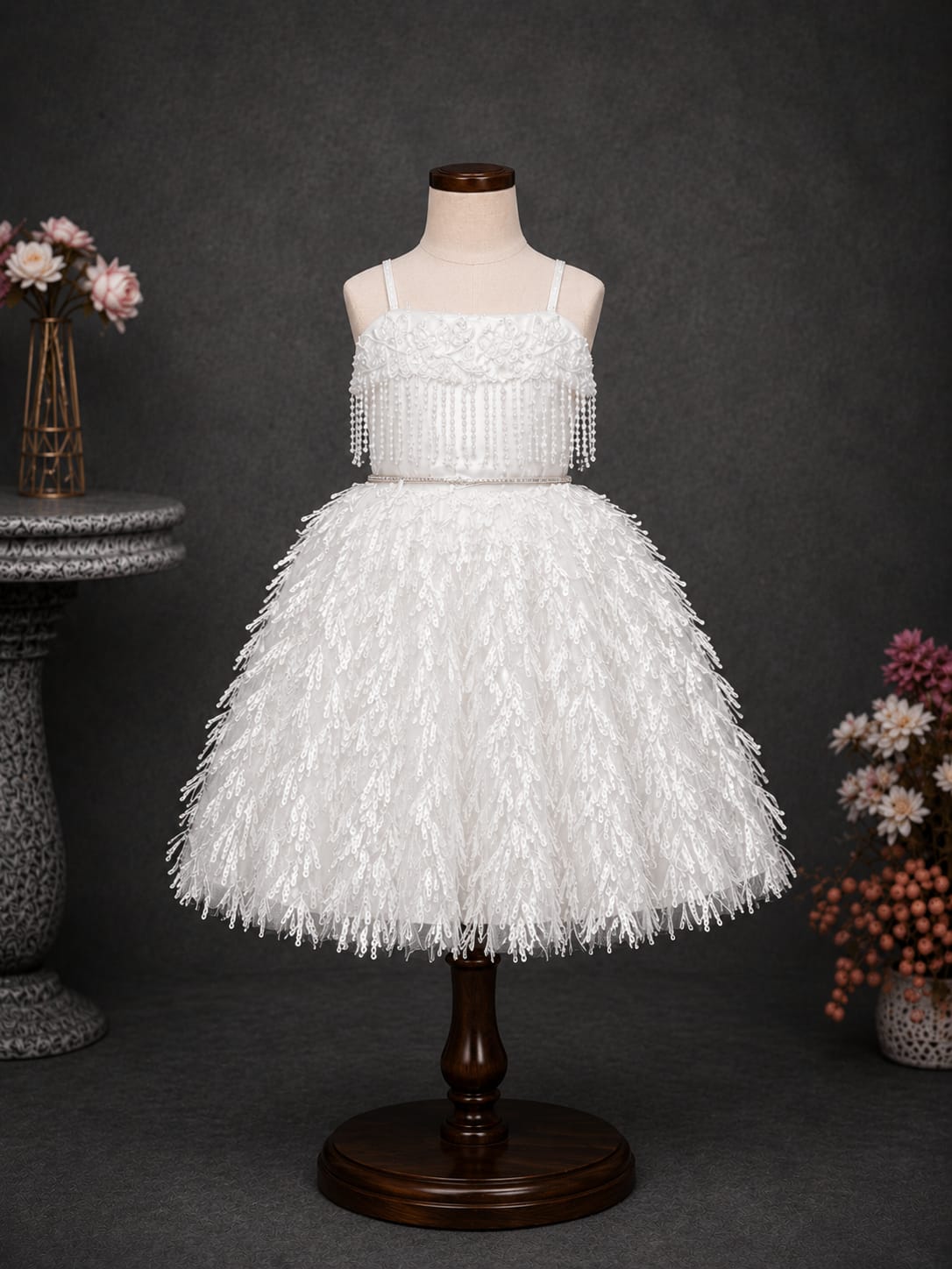 Product Title  Girls Premium White Party Wear Frock – Designer Pearl & Sequin Princess Dress | Size 16–22
