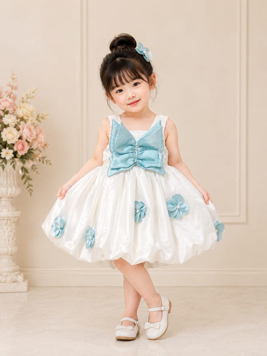 Girls Premium White & Sky Blue Party Wear Frock – Designer Balloon Princess Dress | Size 16–22