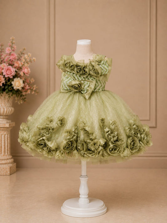 Girls Premium Olive Green Floral Party Wear Frock – Designer Princess Dress | Size 16–22