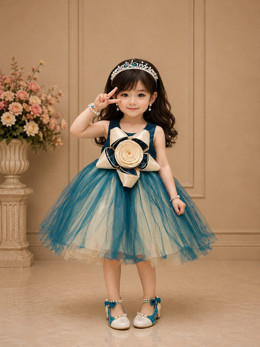Girls Premium Teal Blue Party Wear Frock – Designer Net Princess Dress | Size 16–22