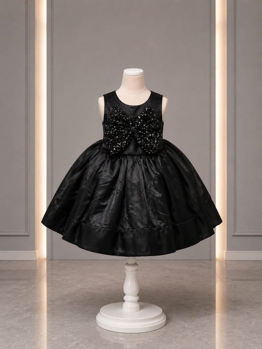 Girls Premium Black Party Wear Frock – Designer Satin Princess Dress with Sequin Bow | Size 18–22