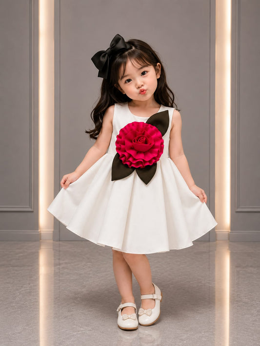 Girls Premium White Party Wear Frock – Designer Satin Princess Dress with 3D Floral Appliqué | Size 20-22