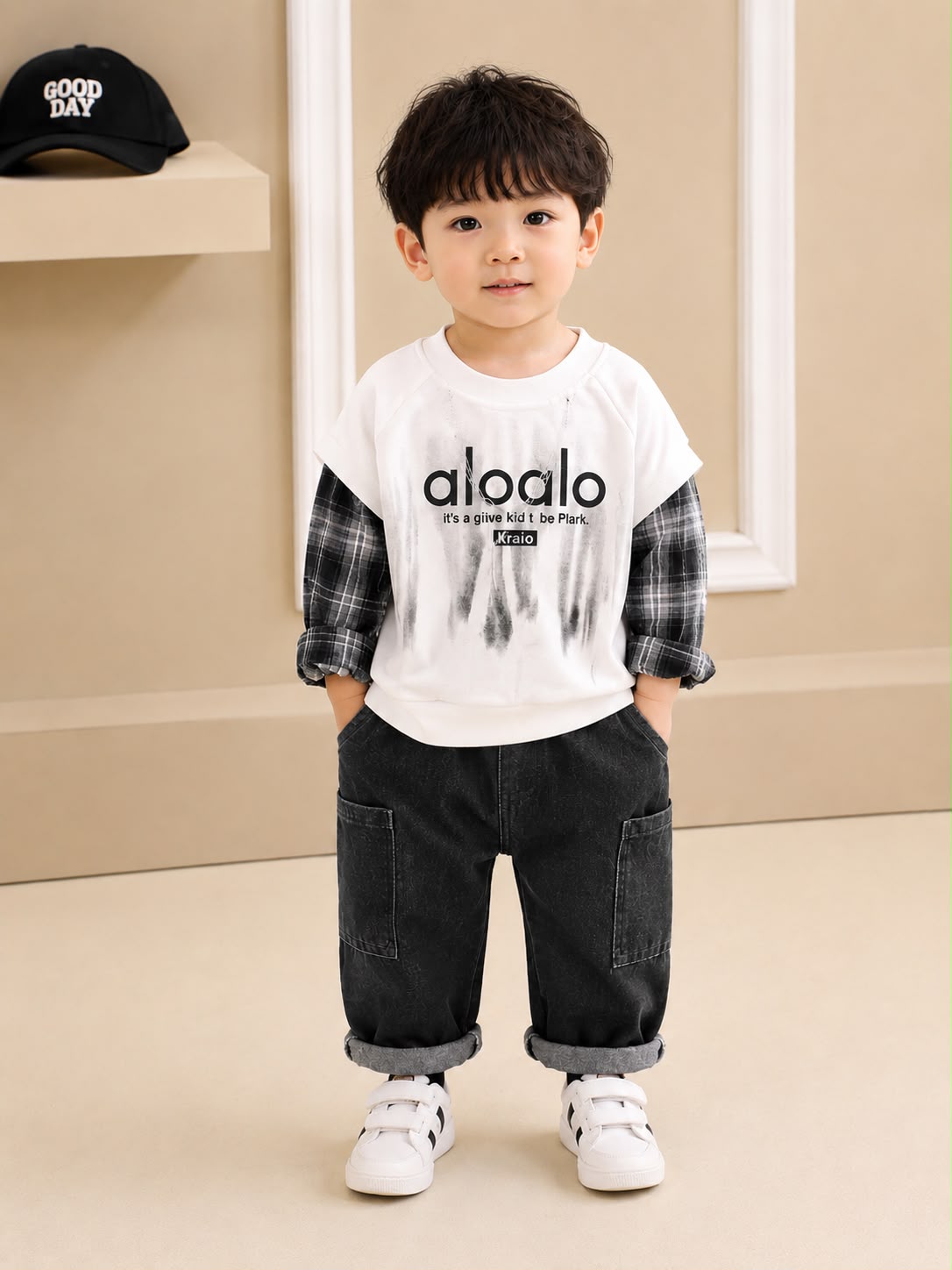 Product Title  Boys Premium 2 Pcs Casual Cord Set – White Printed T-Shirt & Black Denim Pants | Size 18–26